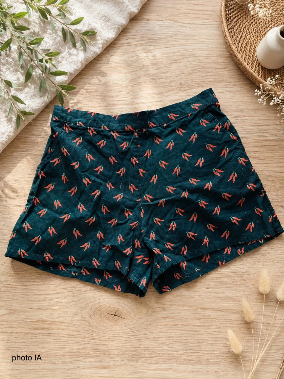 Short pyjama vert foncé imprimé piments • Etam • Taille XS • Neuf